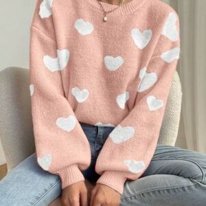 Cozy Pink and White Heart Crew Neck Sweater